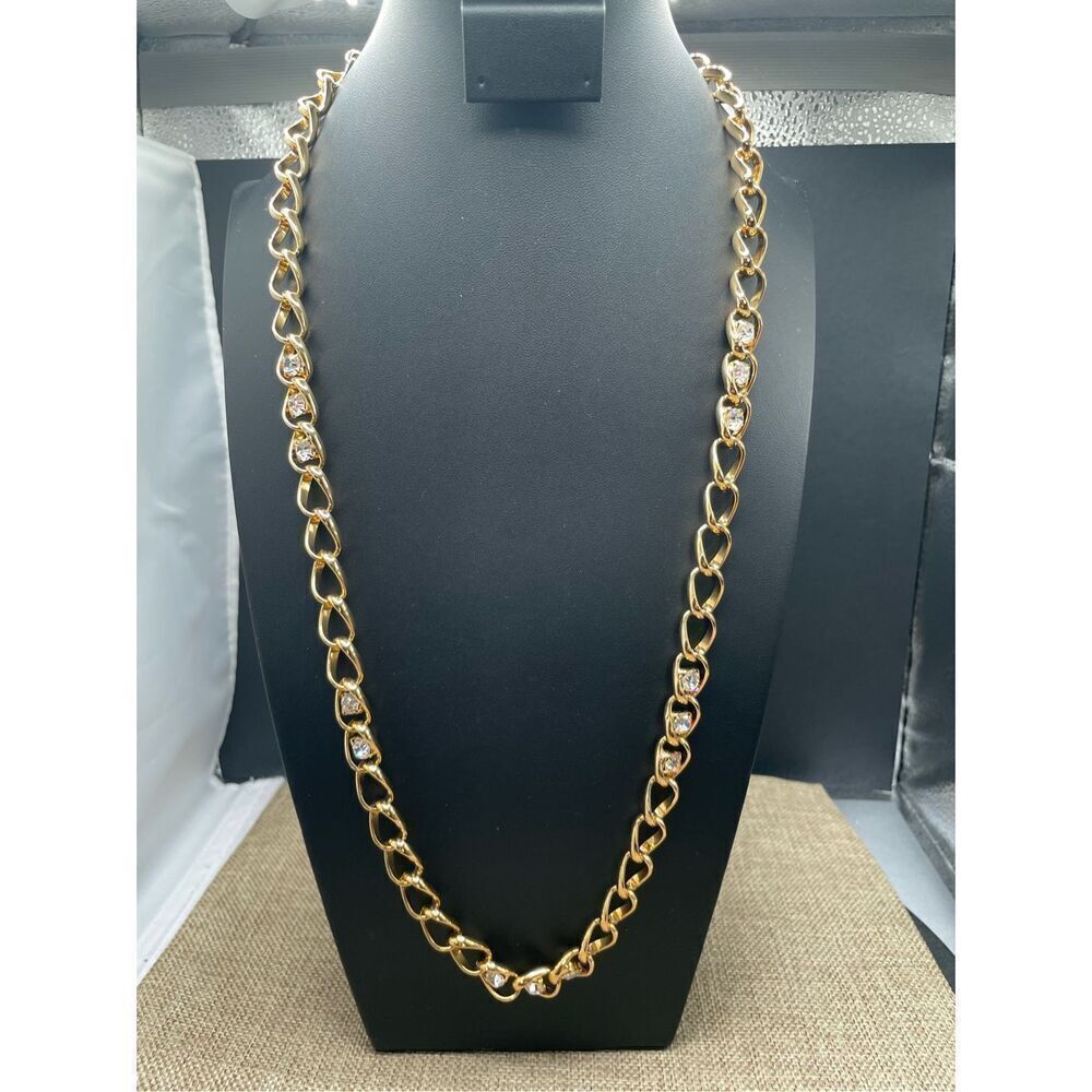 Rhinestone and Gold Tone Bold Chain Length Necklace Elegant